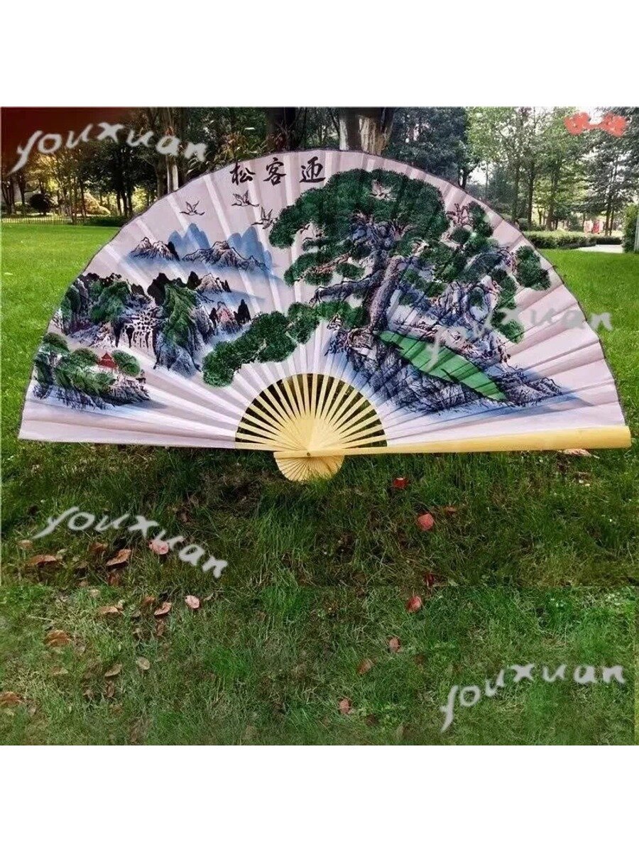 Китайский большой веер на стену с мотивом лошадей, бамбук и шелк, 160×90 см, в упаковке