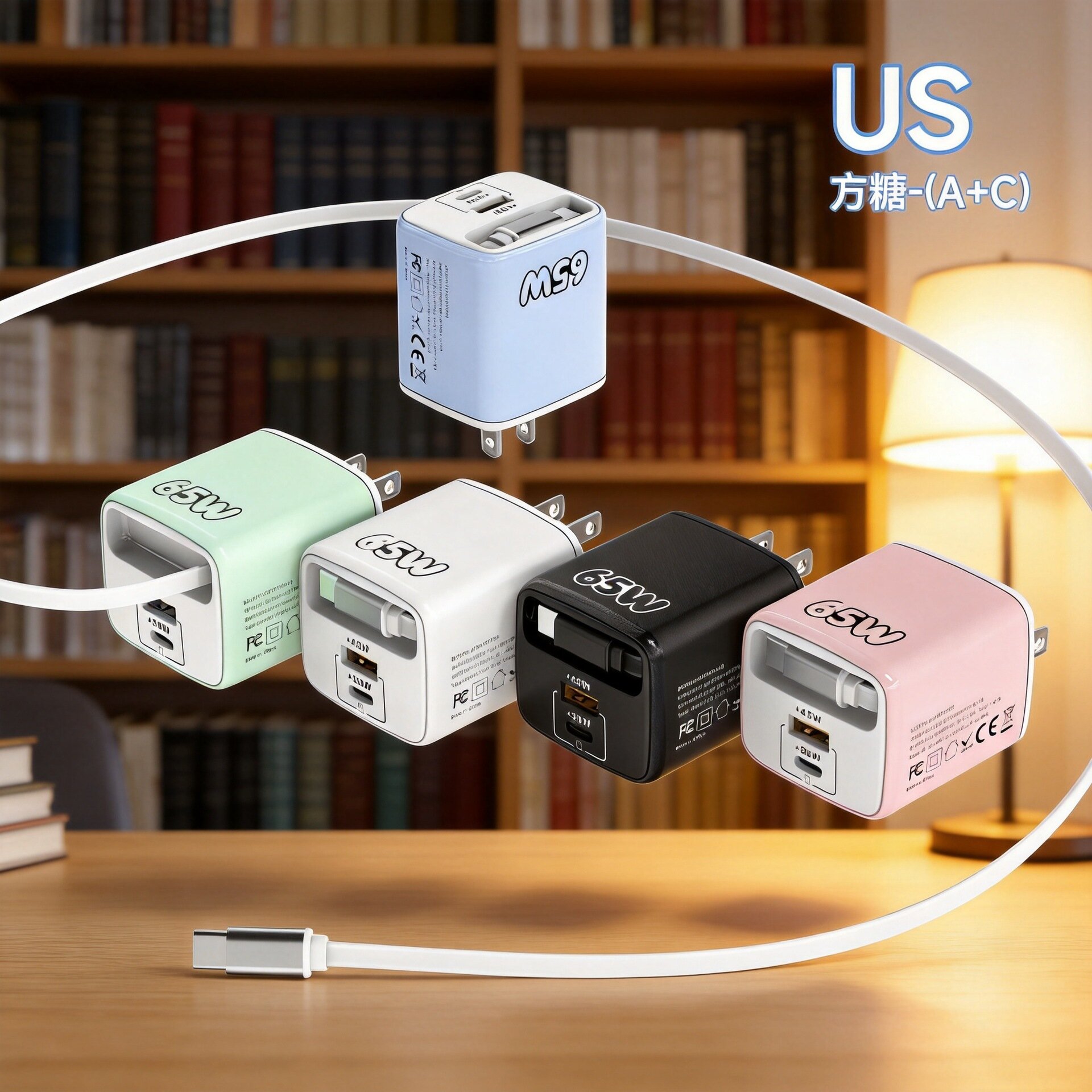 Зеленый телескопический адаптер питания 65W PD с вилкой US, портативная зарядка, двойной порт USB-C