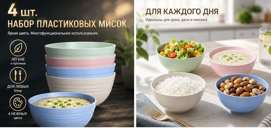 4 Шт Глубокие Чашки Для Супа Из Прочного Пластика Подходят Для Риса И Лапши 12X12X6 Cm