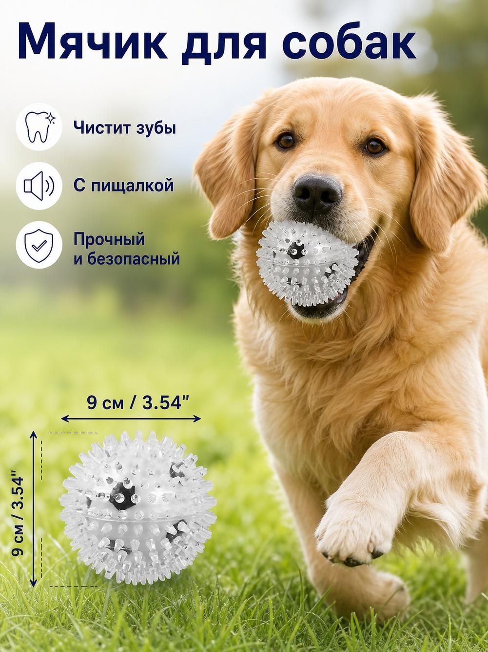 Мяч для собак с шипами, 9 см, для чистки зубов, оранжевый
