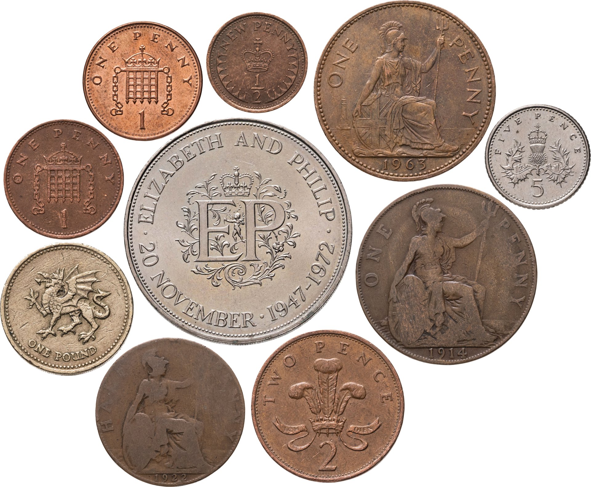 Великобритания набор 10 монет 1/2, 1 пенни penny, 2, 5, 25 пенсов pence, 1 фунт 1914-2004, Бронза, в сохранности F-AU