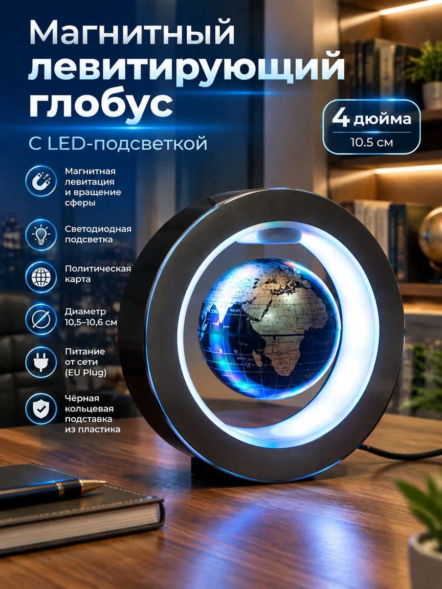 Магнитный левитирующий глобус 4 дюйма 10.5 см с LED-подсветкой и питанием от сети, черный