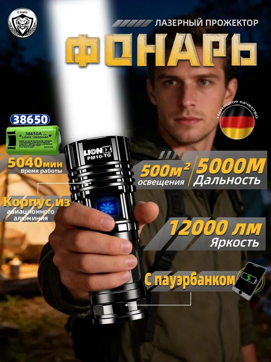 Фонарь-прожектор ручной Laser Wick PM10 - TG, 12000 лм, 500 м, IPX6, черный, синий