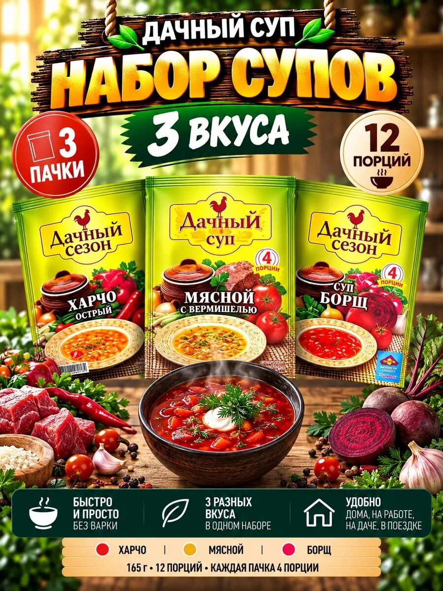 Набор супов 3 вкуса харчо мясной борщ 165г — супы быстрого приготовления
