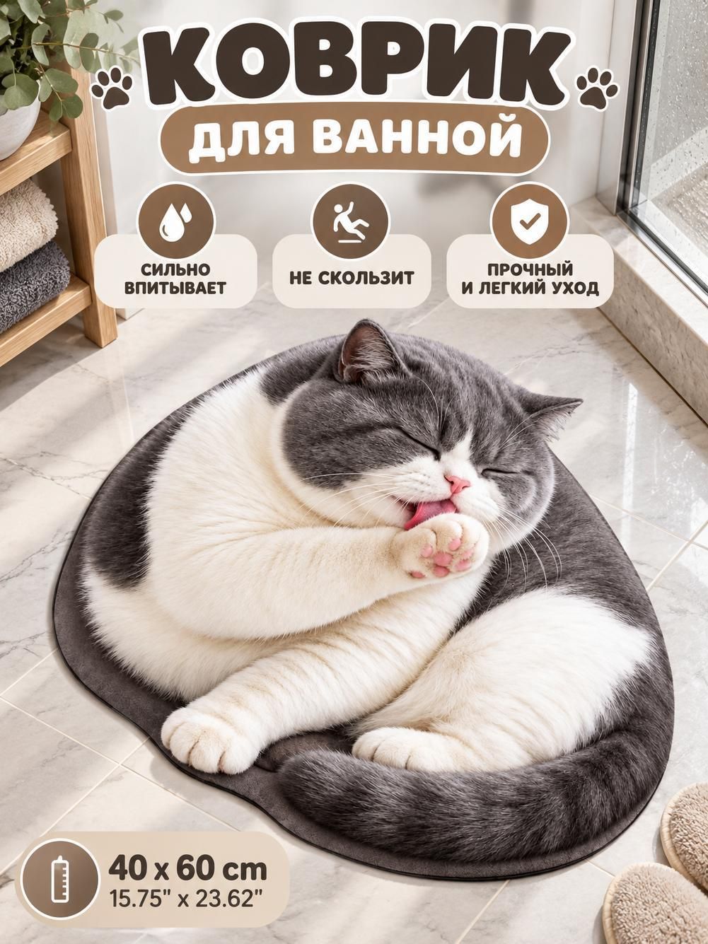 Коврик для ванной 40x60 см животные