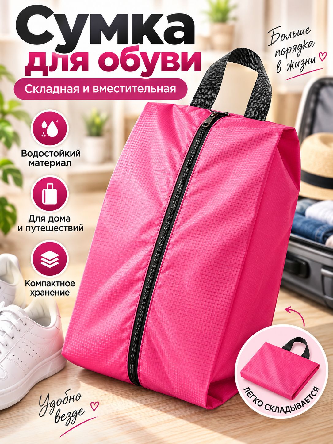 Сумка для обуви для девочки школьницы, водонепроницаемая пылезащитная с ручками, компактный размер, для школы, спорта и садика, розовая