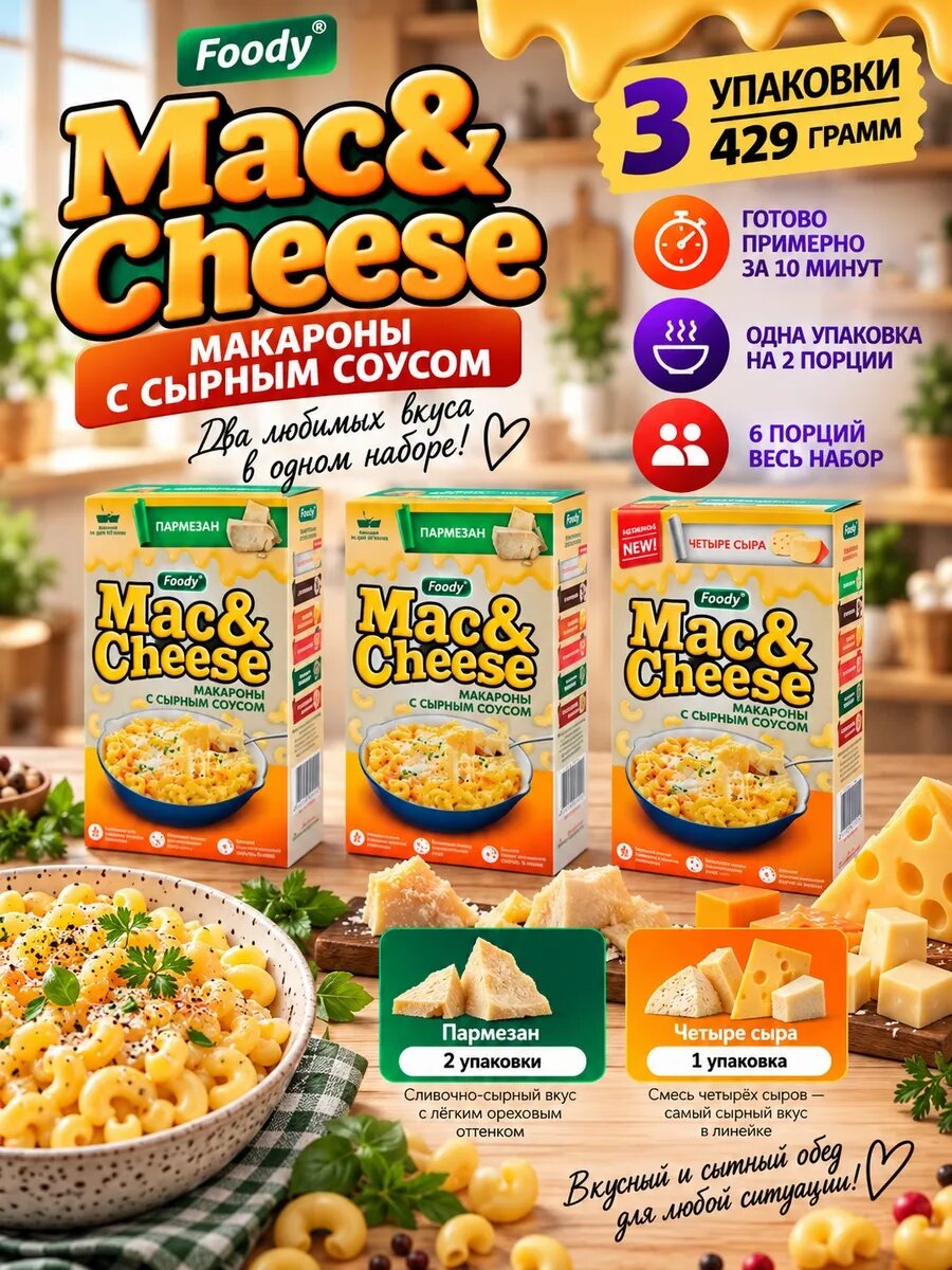 Макароны Mac&Cheese Пармезан ×2, 4 сыра набор 3 шт 429 г, срок годности 306 дней
