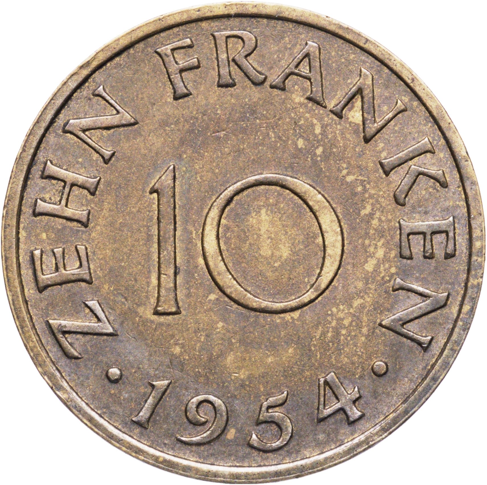 Саар 10 франков francs 1954, Бронза, в сохранности AU
