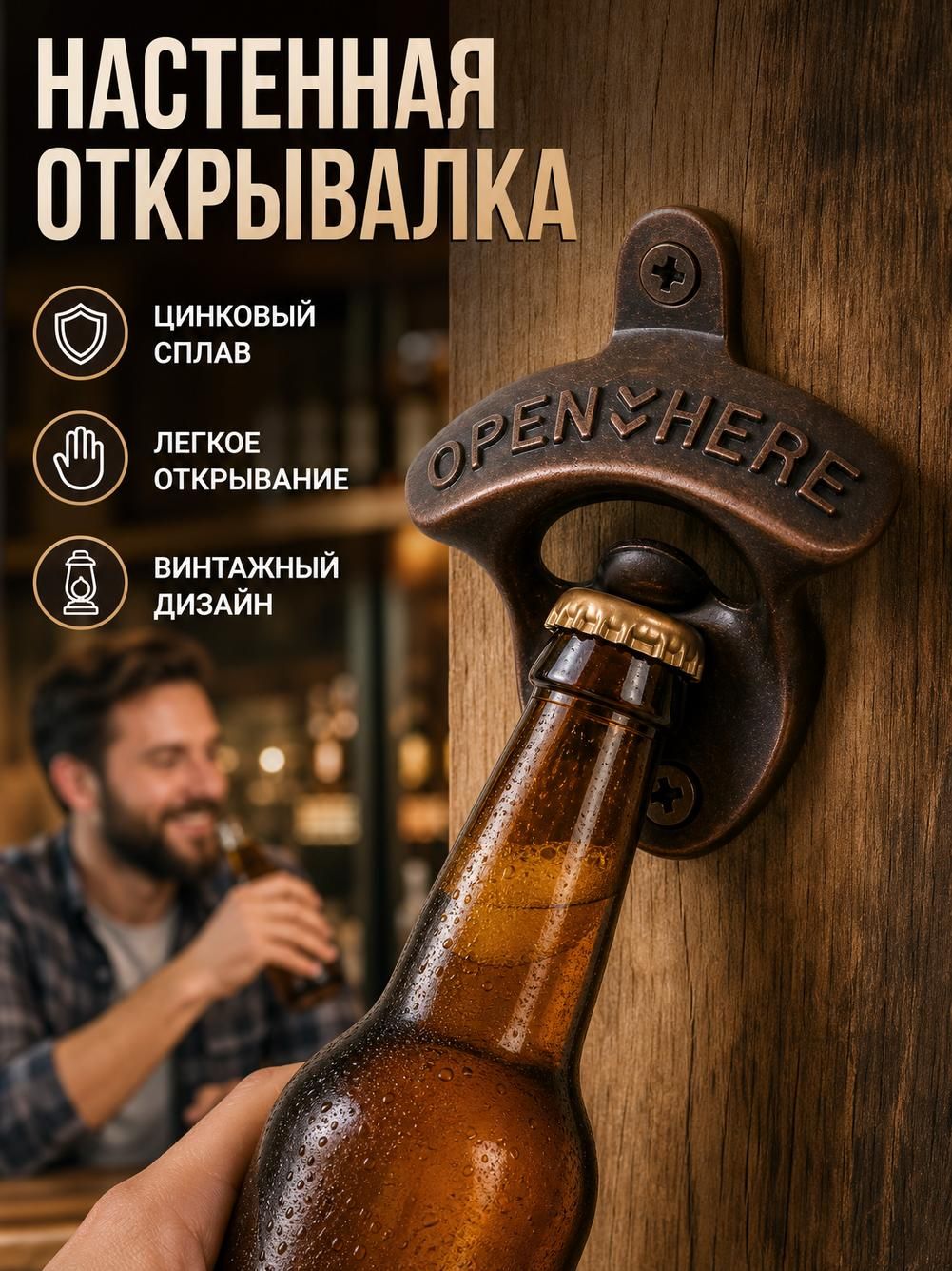 Открывалка настенная для гаража, цинковый сплав, хромированная