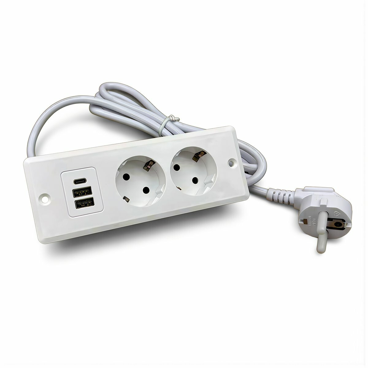 Евророзетка встраиваемая в столы мебель два порта зарядки USB и один Type C кабель полтора метра для дома и офиса, Евророзетка встраиваемая, 2 евроразъема + 2 USB + 1 Type-C, 1.5 м, белая, арт. 1