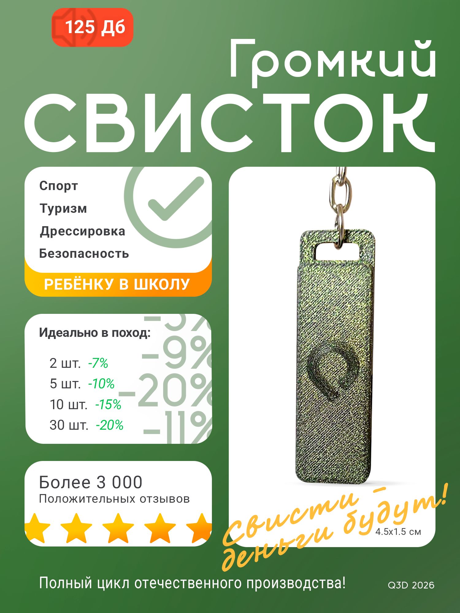 Свисток туристический громкий, зелёный, спасательный, спортивный