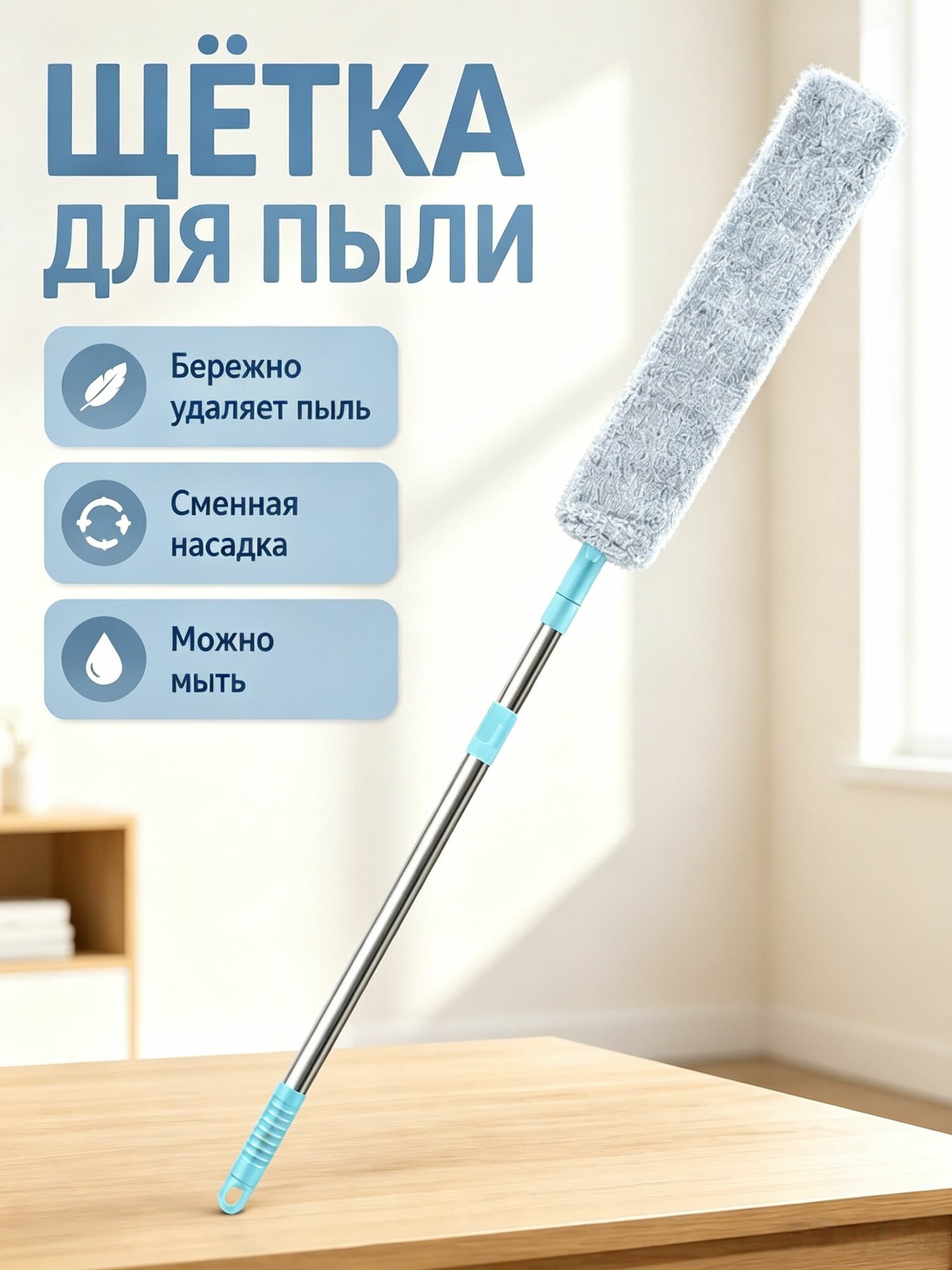 Швабра серая из искусственных материалов для уборки пыли и мебели, 1 шт в упаковке, Размер 530x100x30 мм