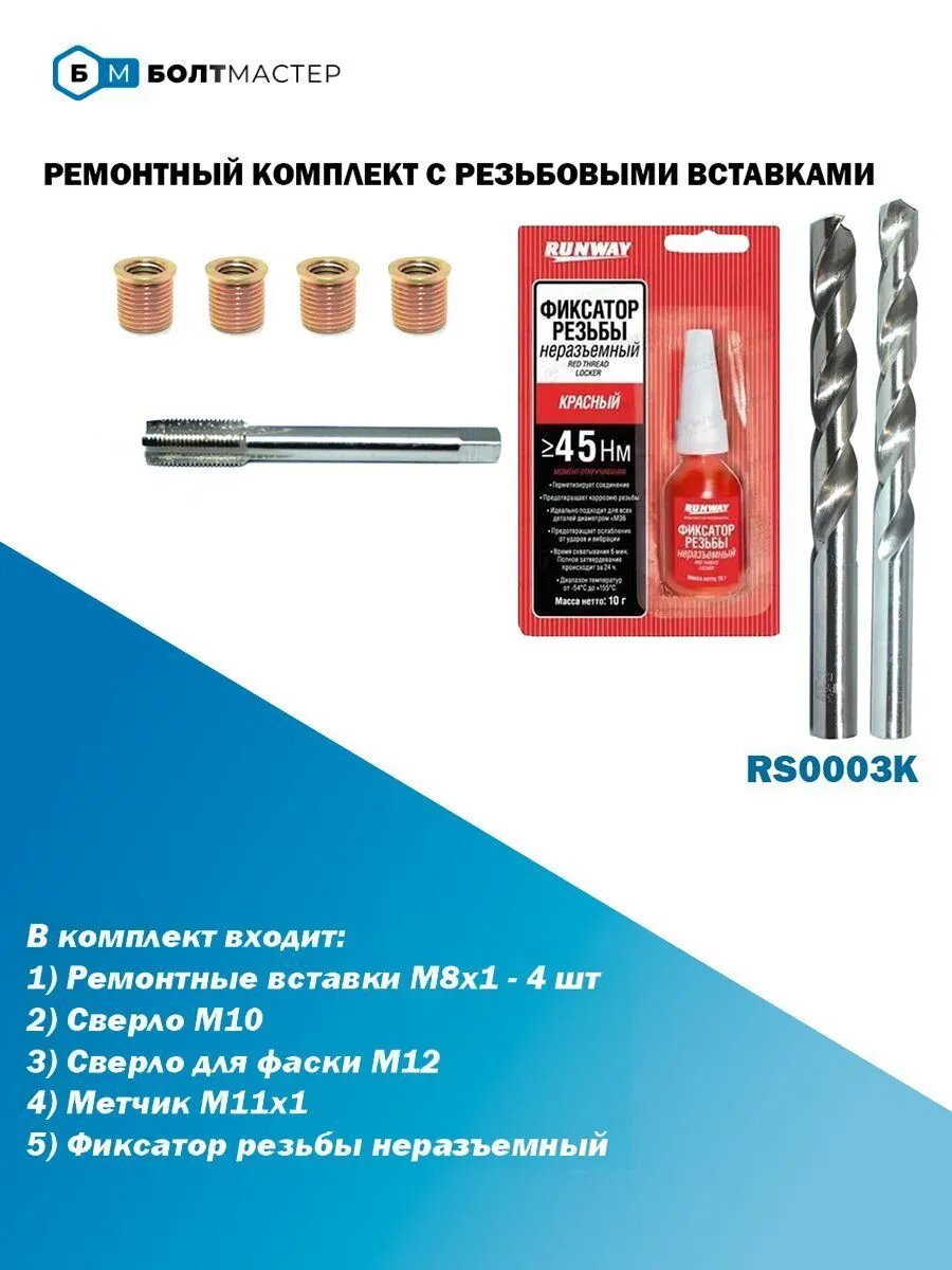 Ремонтный комплект из 4 шт. резьбовых вставок RS0003K М8x1 с