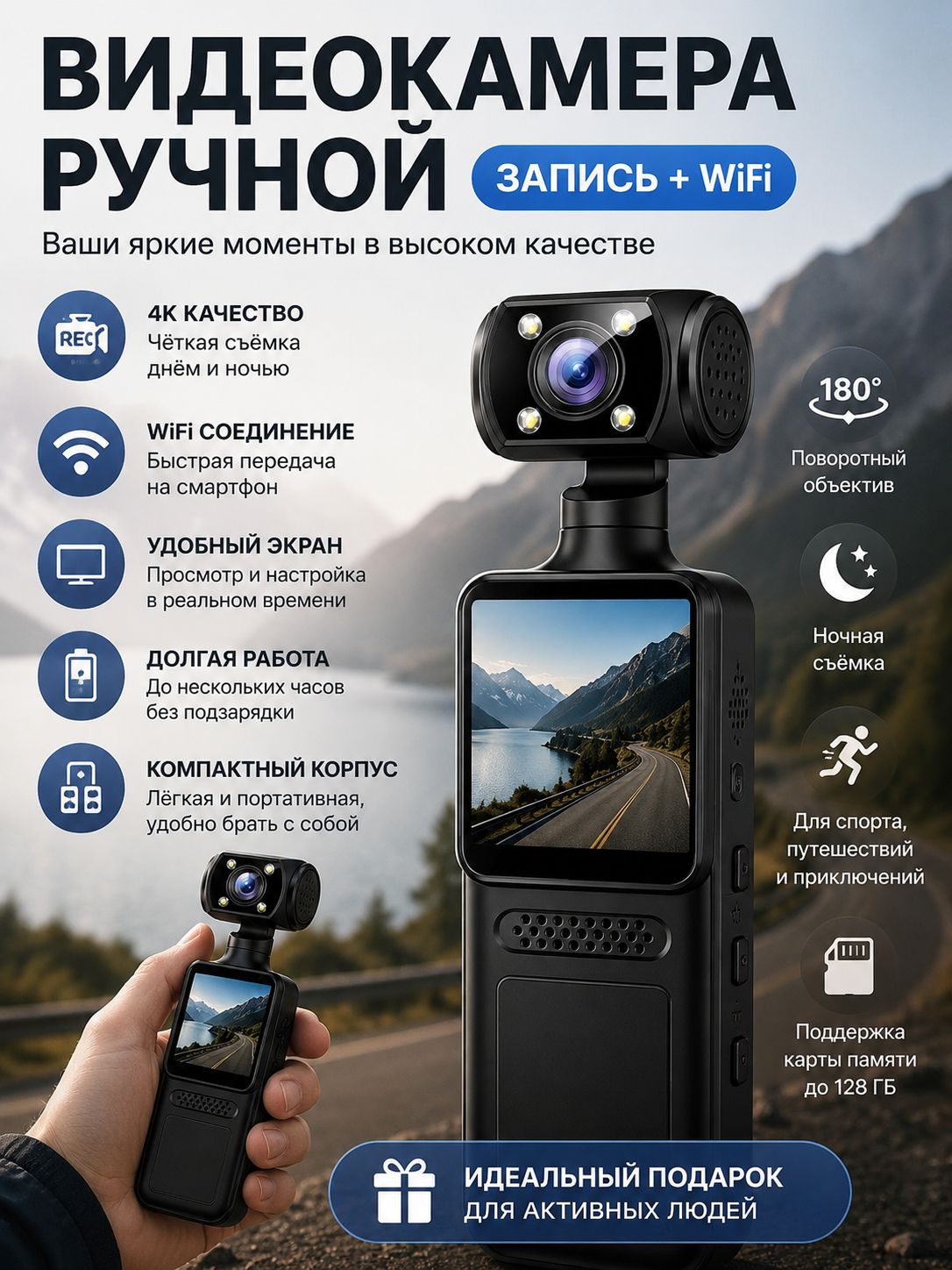 GJX 4K видеокамера с ручной стабилизацией, портативная камера для блогеров и путешественников с 180 поворотом.