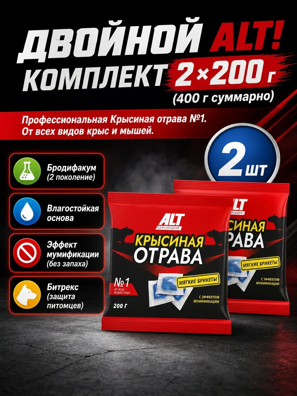 Отрава для мышей и крыс №1, 400 грамм (2 упаковки по 200 гр.), Крысиная, средство от мышей и крыс, приманка для борьбы