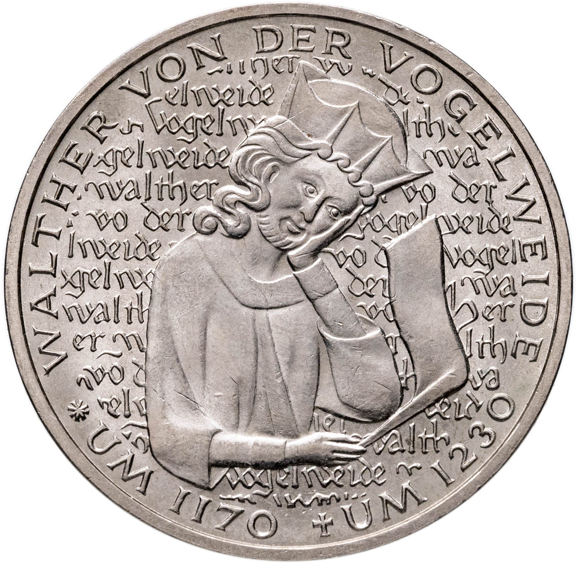 Германия 5 марок deutsche mark 1980 750 лет со дня смерти Вальтера фон дер Фогельвейде, Мельхиор медь-никель, в сохранности UNC