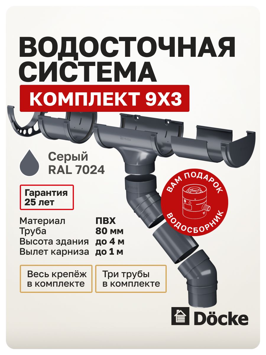 Комплект пластиковой водосточной системы Docke комфорт 9х3 (серый)