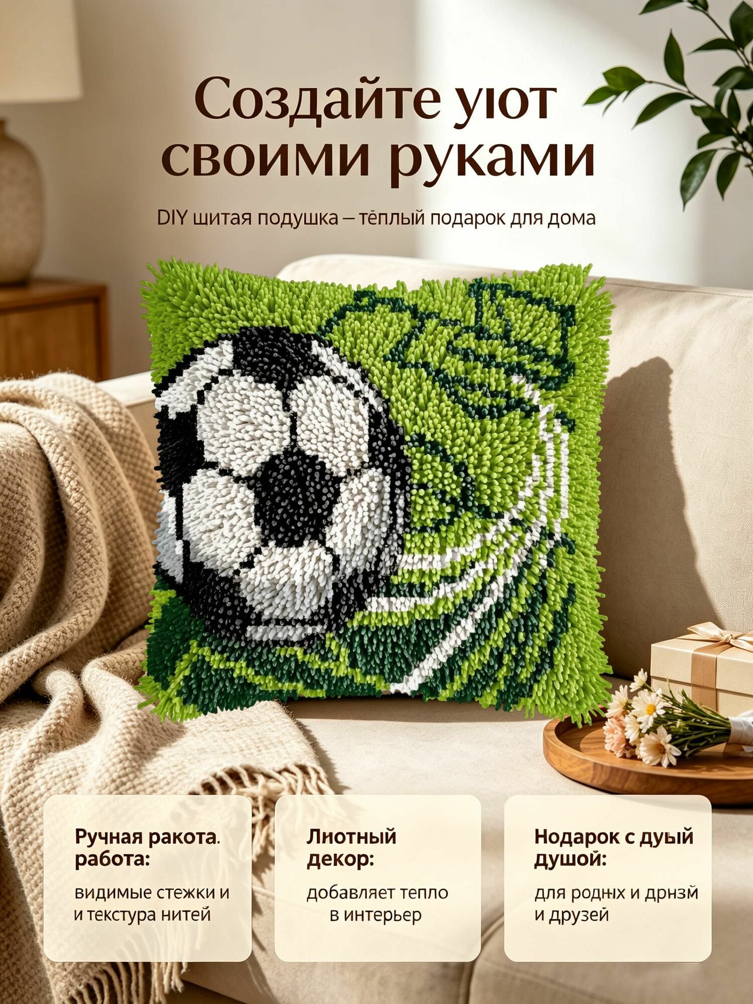 DIY набор лач-хука 43X43 см, Футбол, ручная вышивка подушки своими руками, комплект без наполнителя