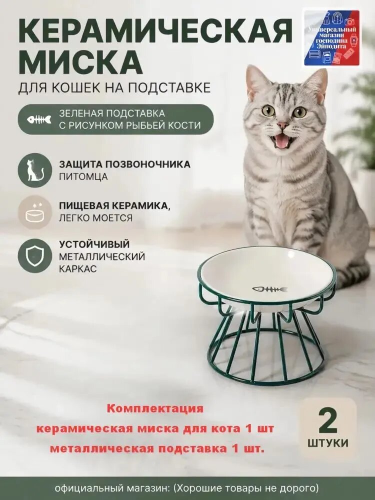 Миска для кота с подставкой: керамическая чаша с узором и металлическим каркасом (рыбья кость + зеленый каркас)