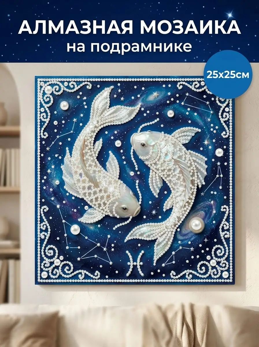Алмазная мозаика Знак зодиака-Рыбы 25х25 см с рамкой, фигурные стразы, декор для дома, подарок