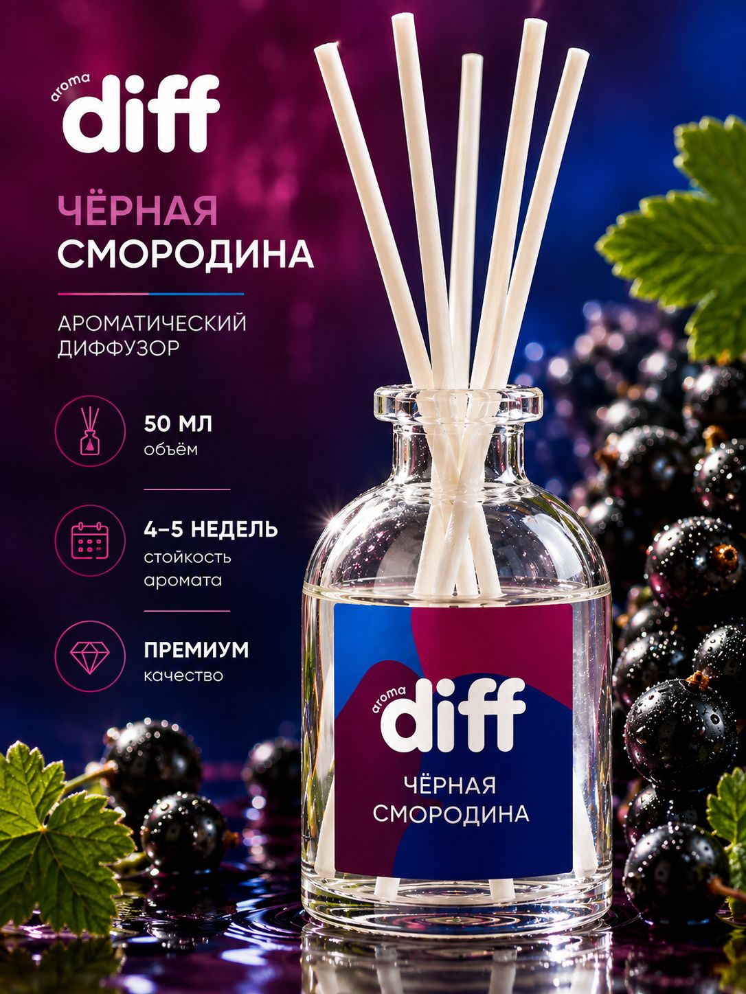 Диффузор для дома, ароматизатор с палочками DIFF с ароматом Черная смородина, 50 мл