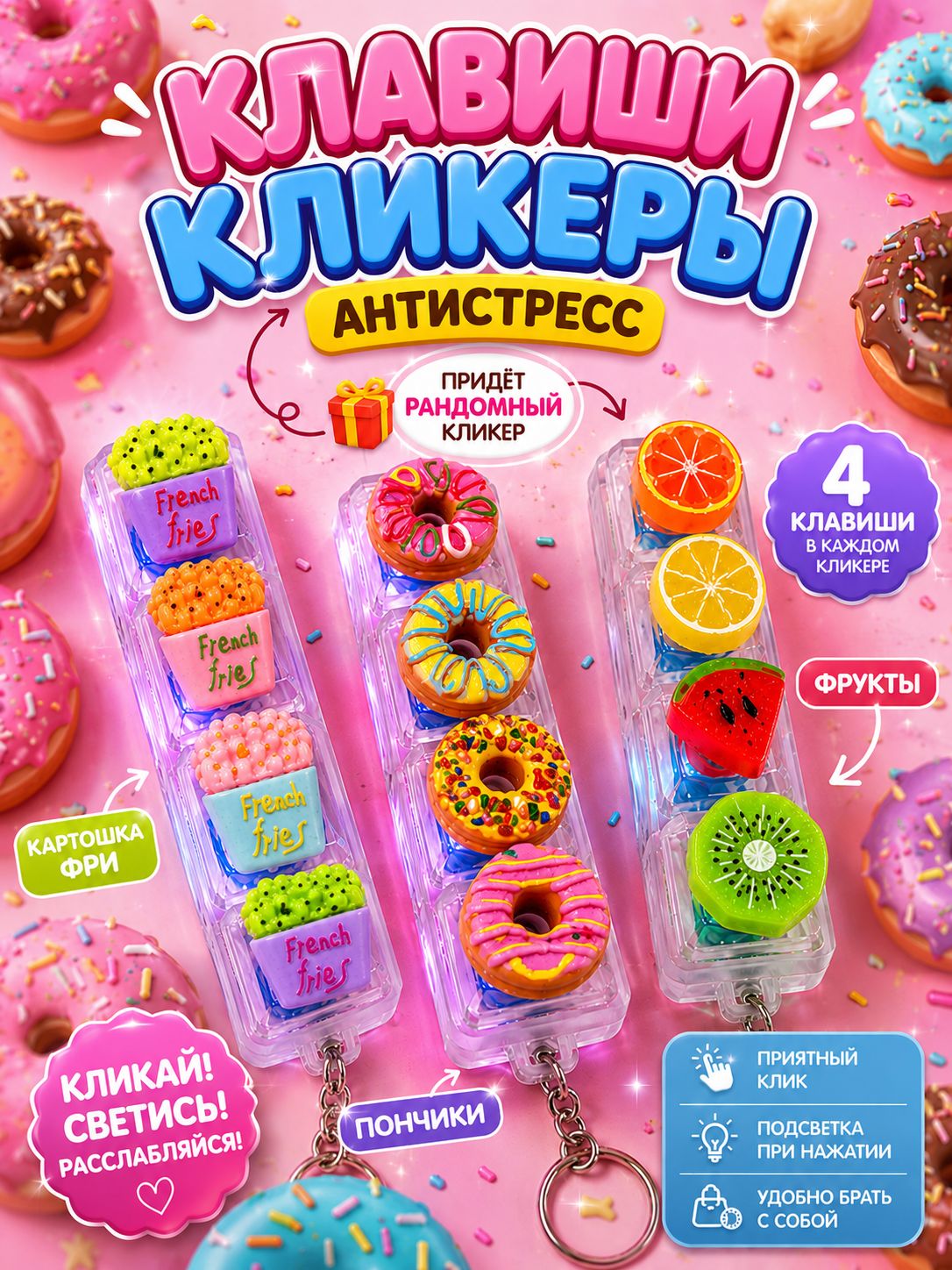 Брелок-антистресс кликеры в виде клавиши игрушка для снятия напряжения Цветные