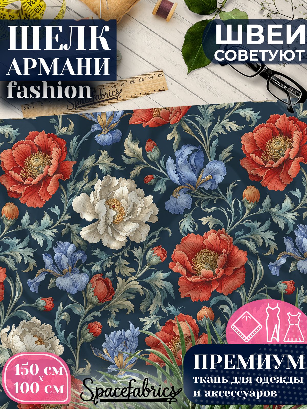 Ткань для шитья шелк Армани, искусственный атлас шелк для костюмов, платьев, юбок с принтом Ирисы и пионы