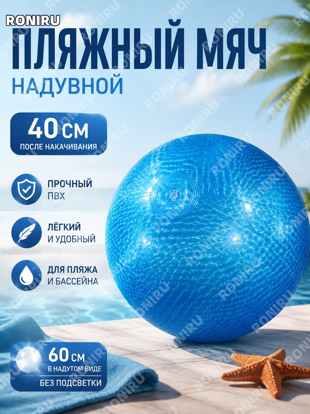 Мяч пляжный надувной 60 см без подсветки синий жемчужный шар после надувания 40 см из PVC для детей