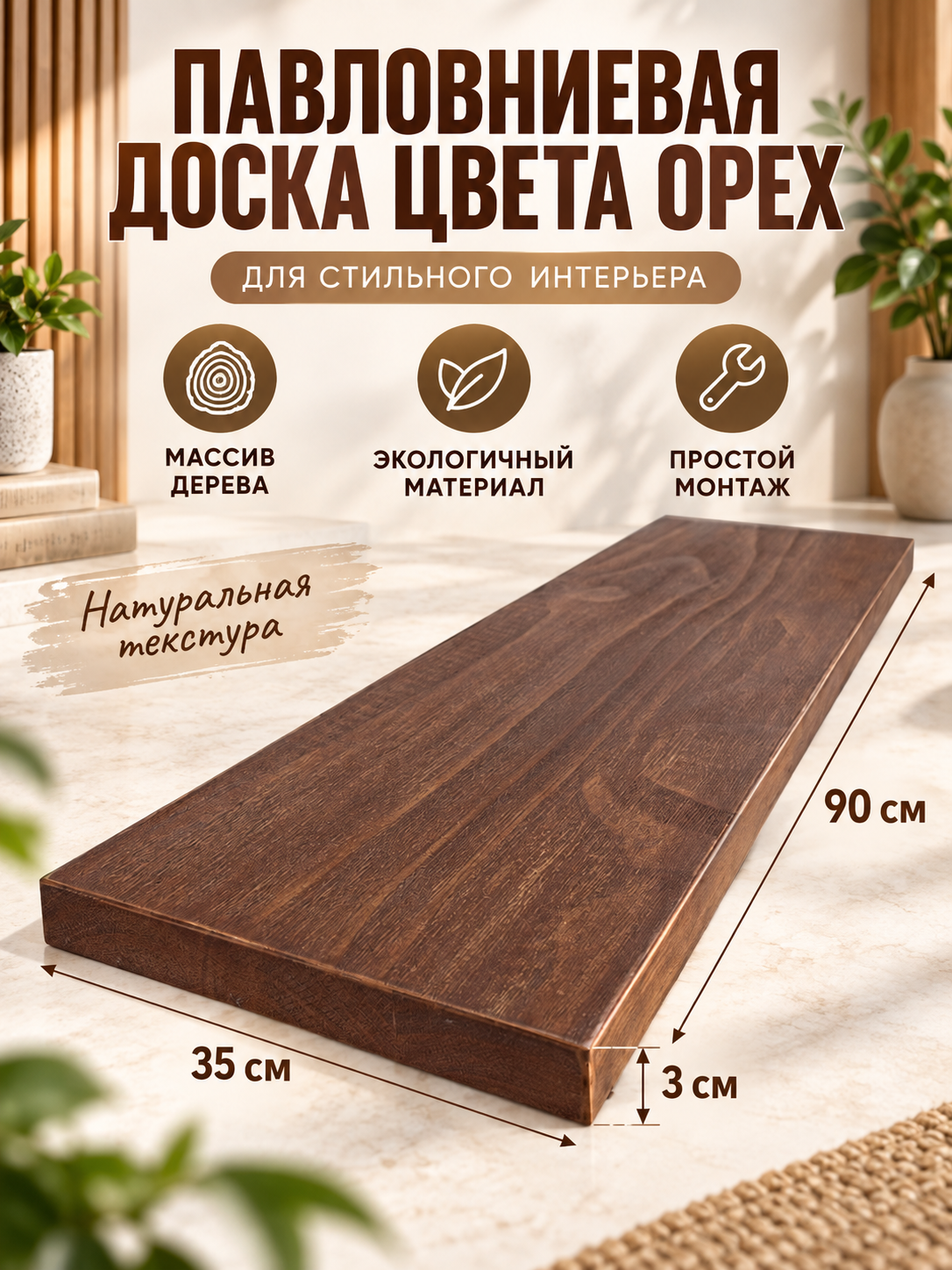 Павловниевая доска с натуральной текстурой, деревянная заготовка цвета орех, простой монтаж для настенных полок в интерьере
