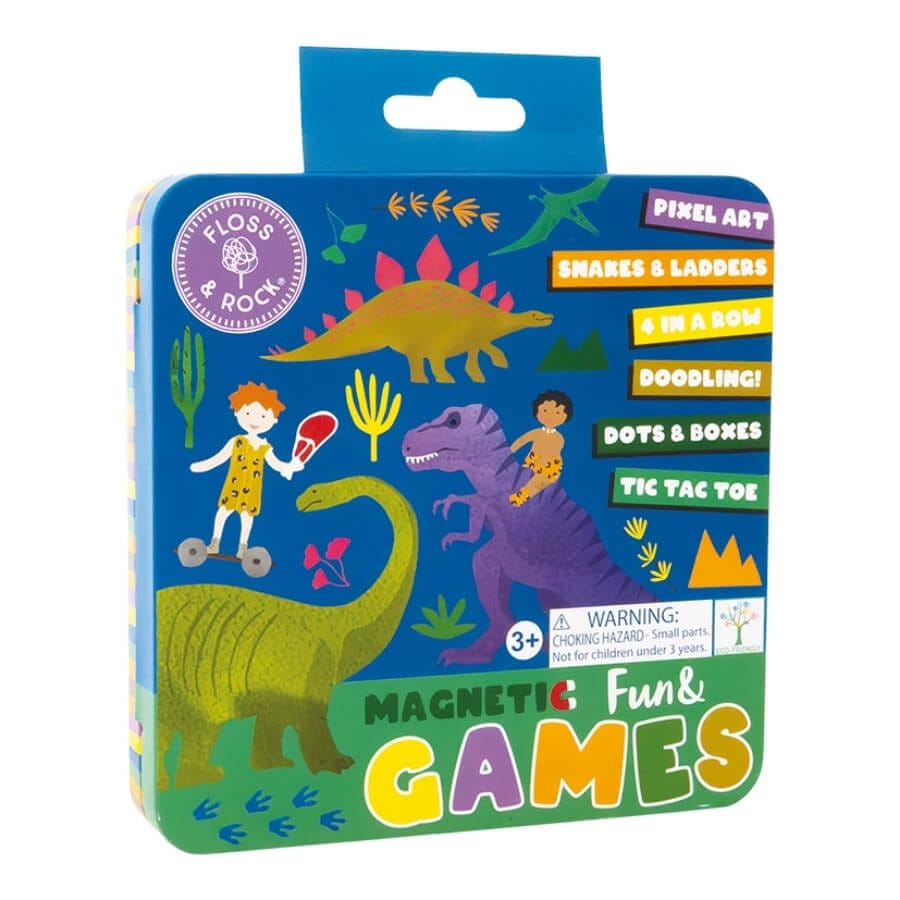 Настольная игра Floss & Rock "Динозавры", магнитные игры в жестяной коробке 6 в 1, 16x16x2,5 см