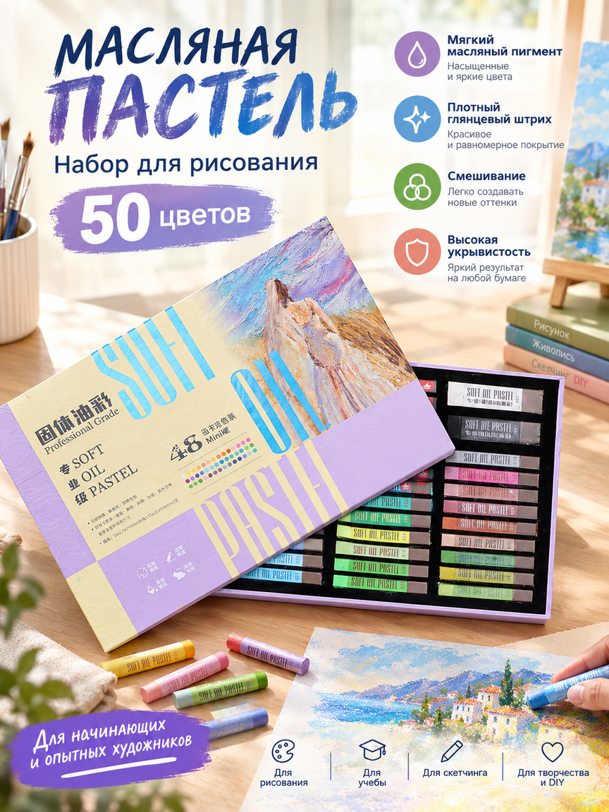 Масляная пастель набор 50 цветов: мягкие мелки для рисования, яркая палитра, глянцевый штрих