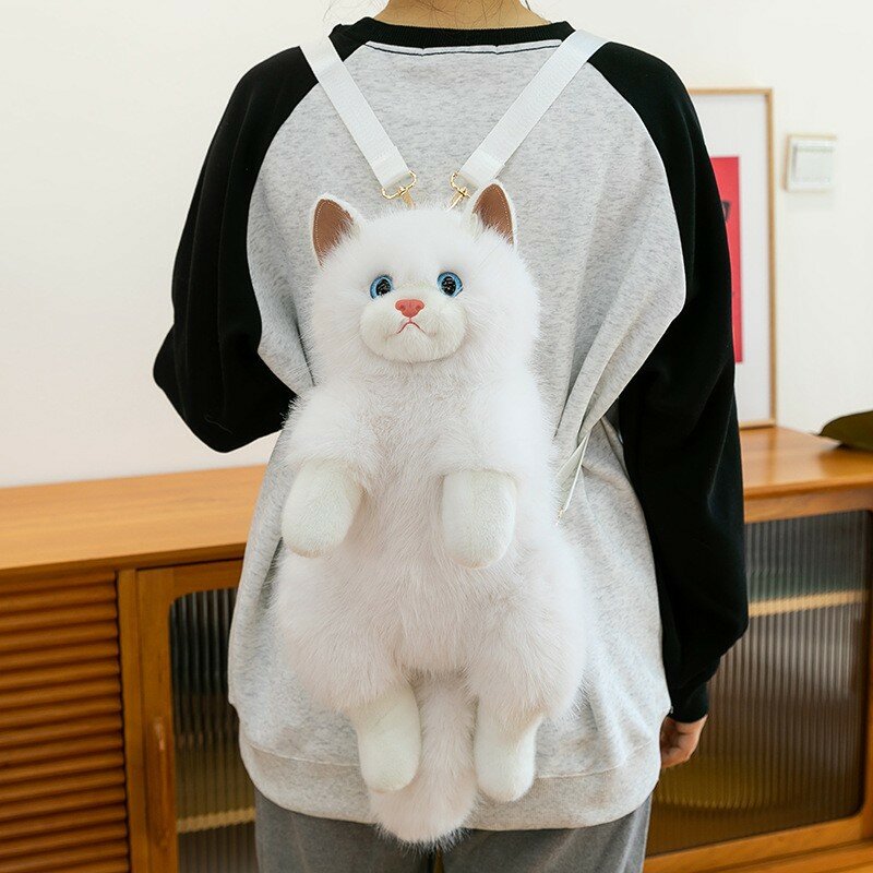 Белая плюшевая кукла-кошка Ragdoll 55 см с ремешком для рюкзака и нагрудником, 0.55 кг, подарок для девочек
