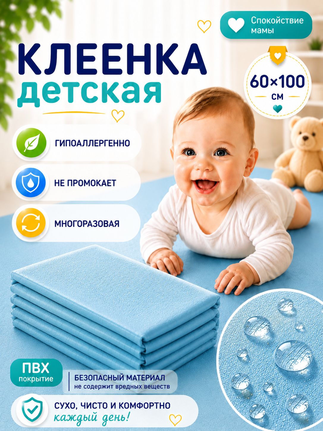 Клеенка детская подкладная в кроватку 60х100, непромокаемая, многоразовая