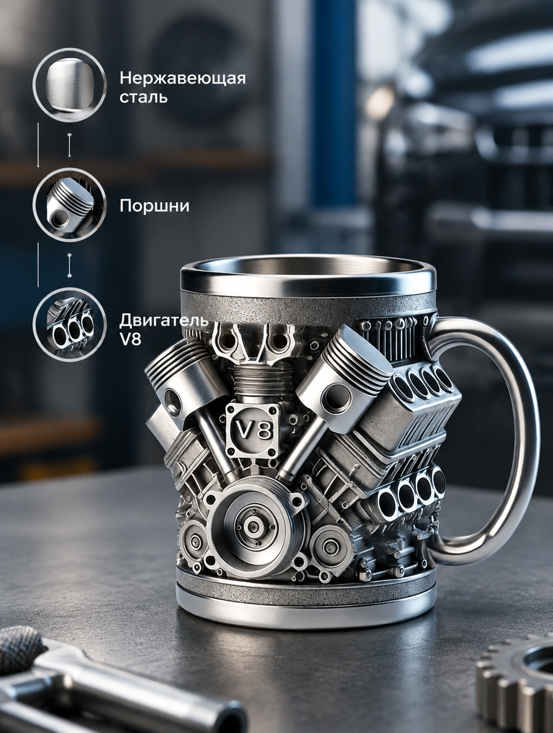 Серебристая кружка 300 мл с оформлением под автомобильный двигатель V8