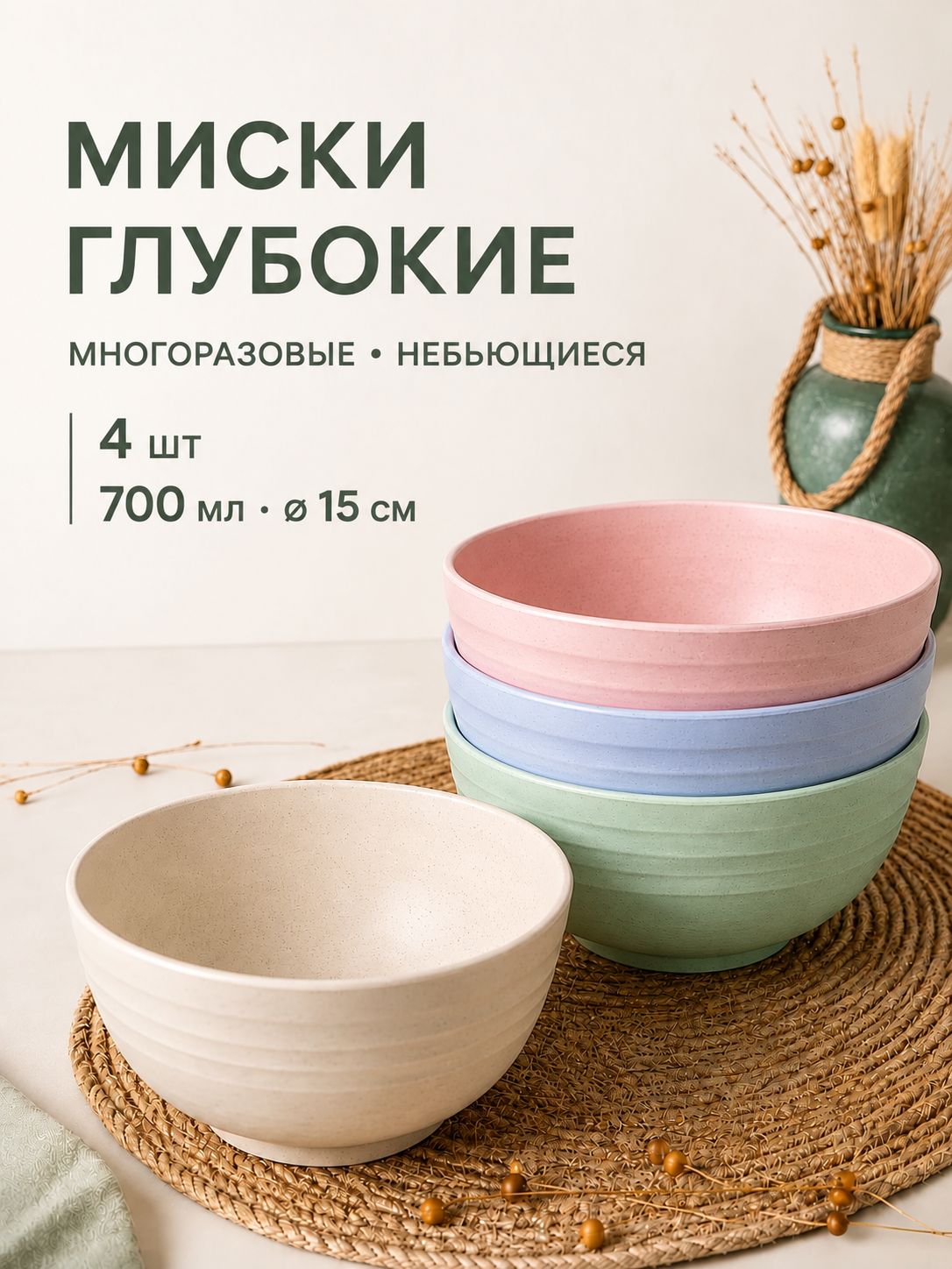 Набор тарелок глубоких15 см, миски для кухни из пшеничной соломы, эко посуда