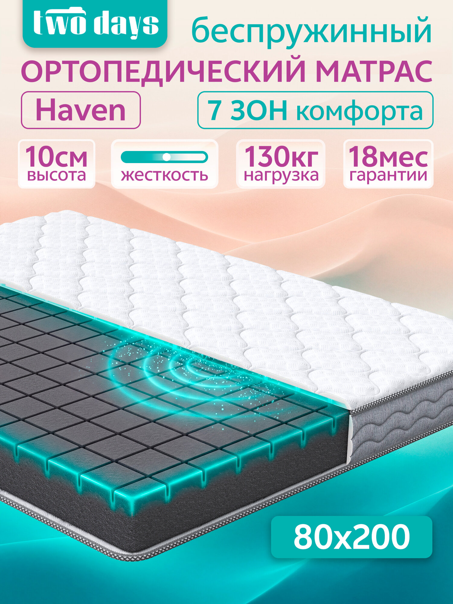 Матрас 80х200 беспружинный Haven, анатомический, 7 зон, высота 10 см