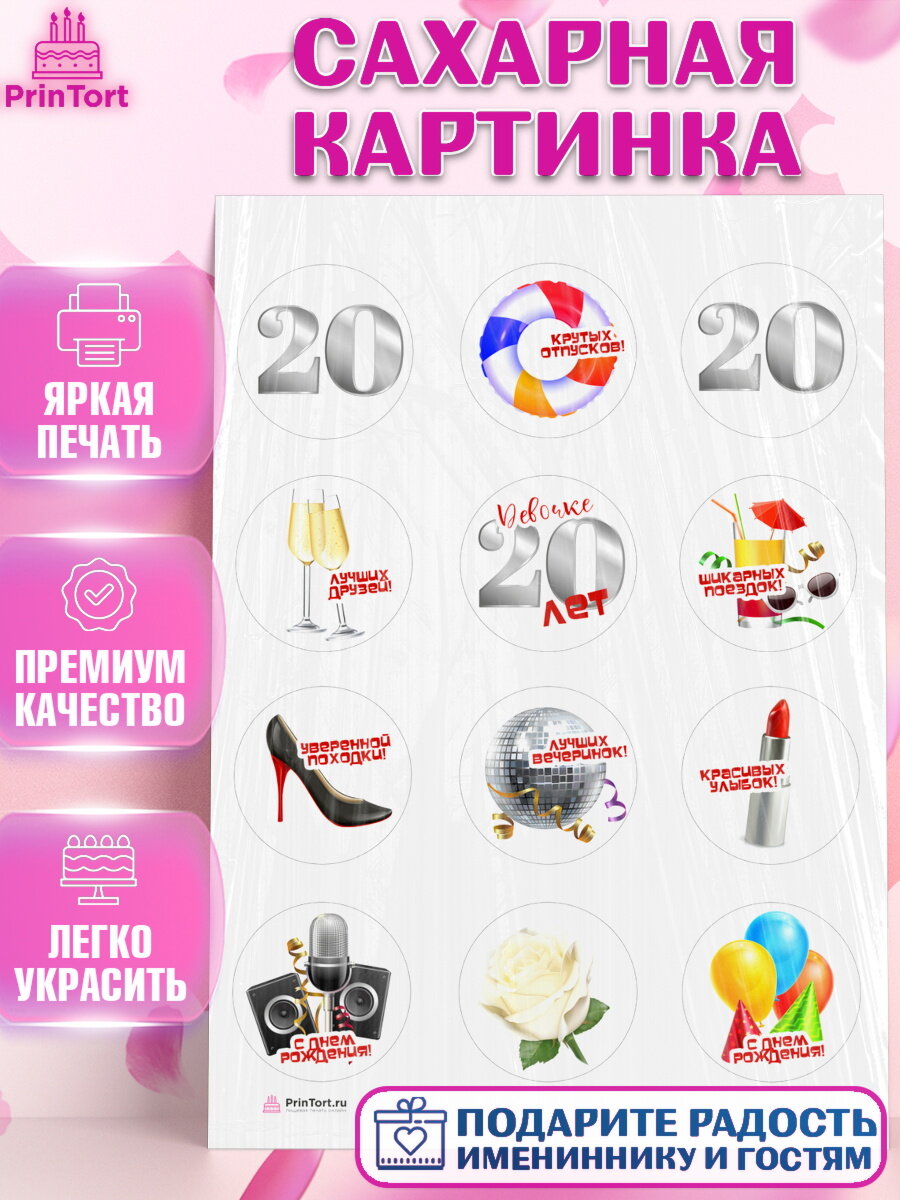 Сахарная картинка для торта Девушке 20. Украшения для торта девушке на День Рождения. Декор для выпечки PrinTort