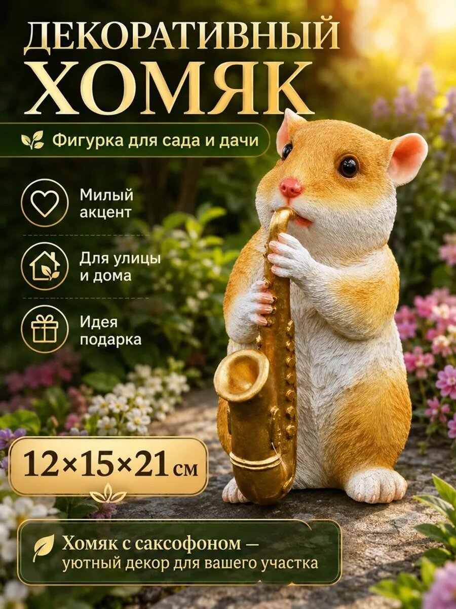 Садовая фигурка хомяк с саксофоном, топиар из искусственной травы, 12×15×21