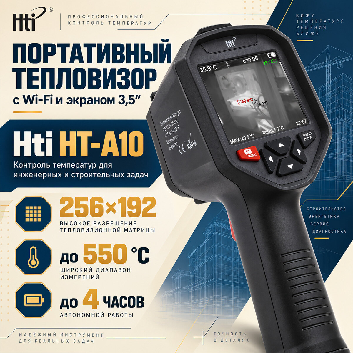 Тепловизор HTI-A10 (256х192) (N48928PR) для диагностики отопления, вентиляции, проводки и изоляции: диапазон −20…+550 °C, матрица 256×192, маркировк