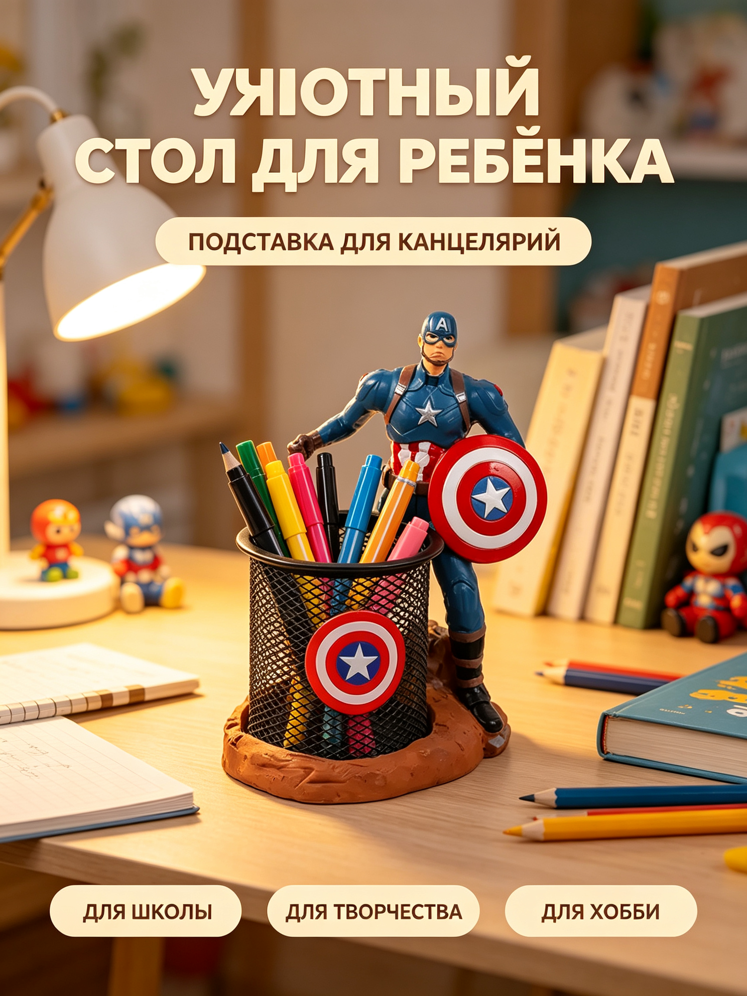 Пенал Капитан Америка, детский школьный пенал, для канцелярских принадлежностей, прочный, большой объем
