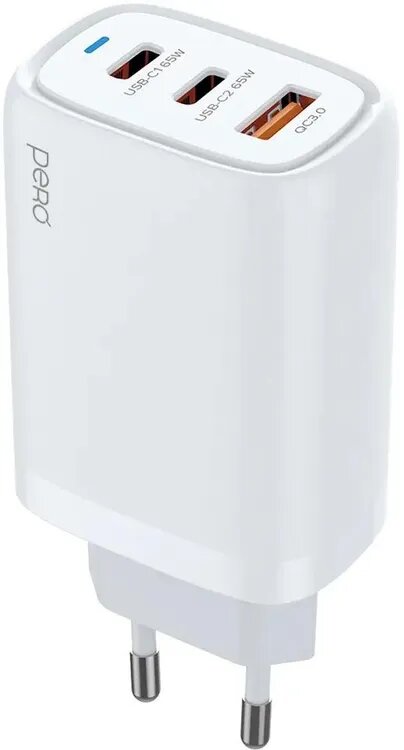 Сетевое зарядное устройство PERO ТС23W, USB-A, 2xUSB-C, 65Вт, 3A, белый
