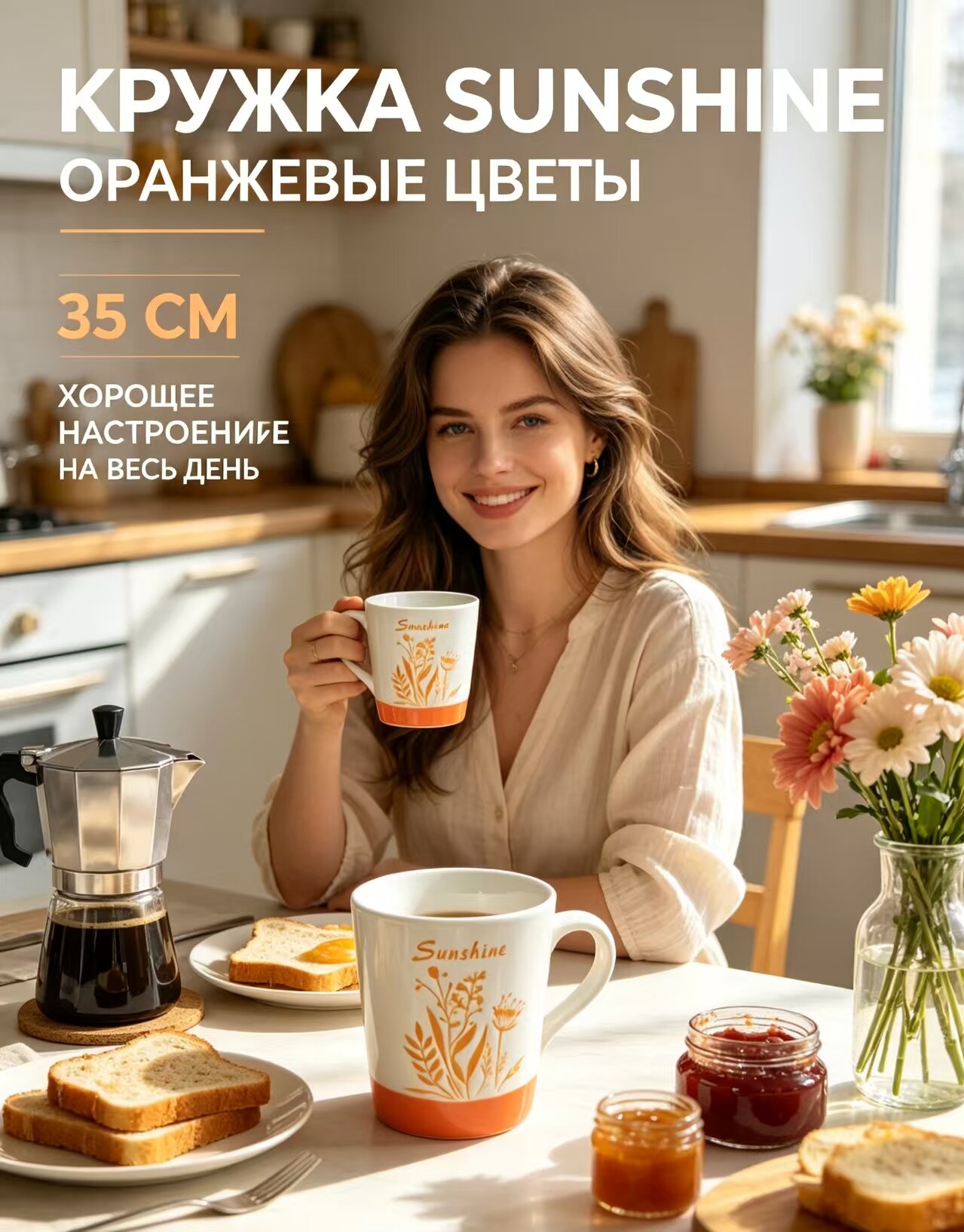 Кофейная чашка Sunshine, керамическая чашка с цветочным рисунком, белая с оранжевым, 180 мл