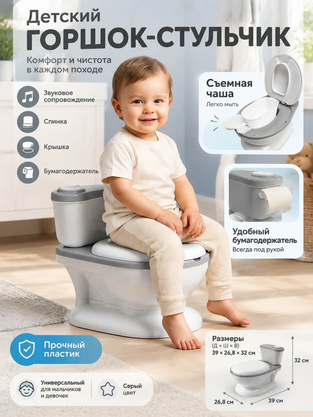 Детский горшок-стульчик серый со спинкой, крышкой и съемной чашей