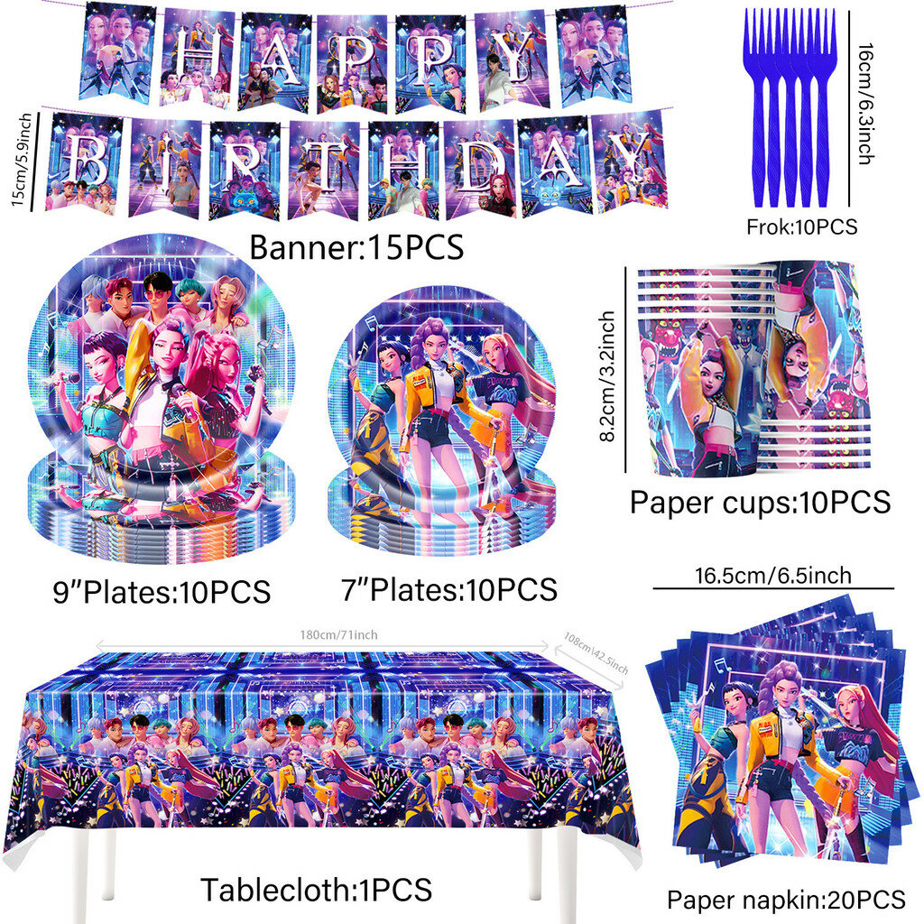 Kpop demon hunters celebration supplies paper tablecloth and party flags for childrens party decor 7pcs