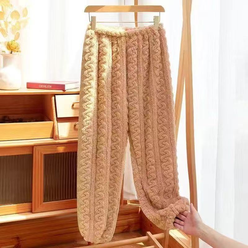 Женские брюки из кораллового флиса с жаккардовым узором, цвет бежевый, часть домашнего костюма, теплый низ для дома