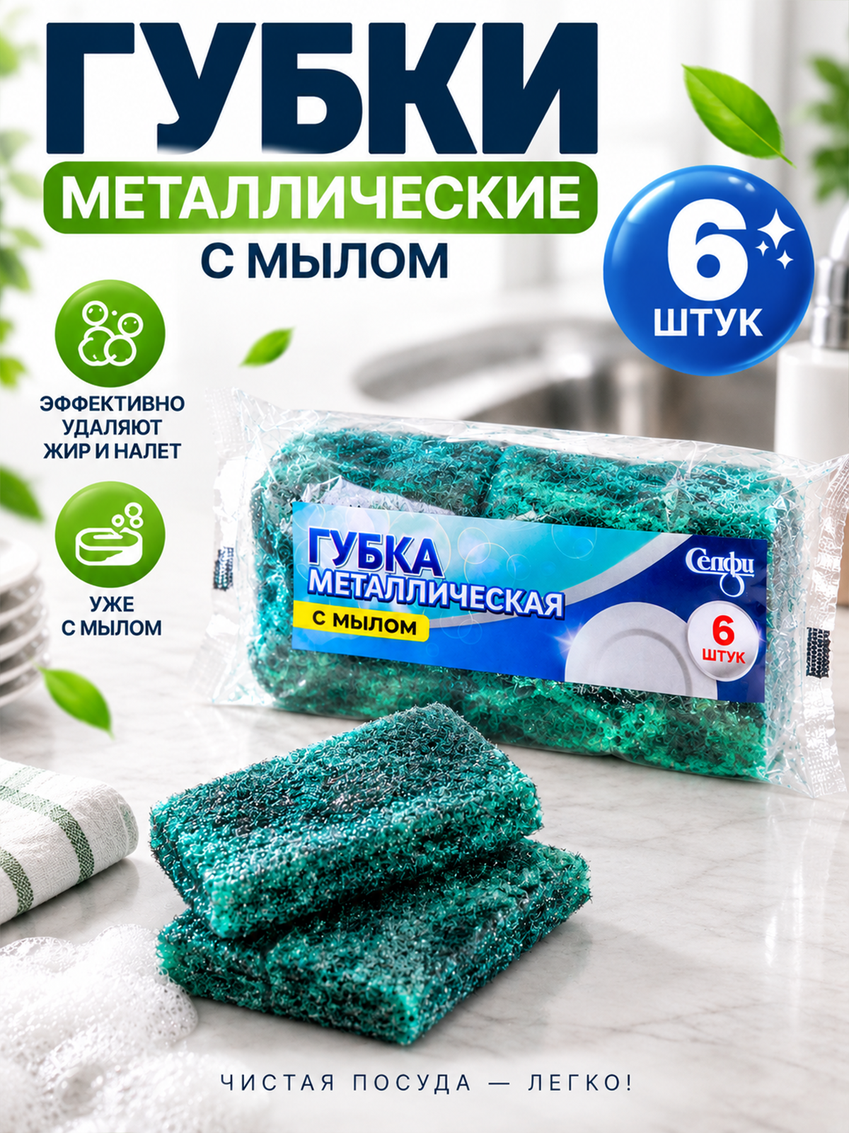 Губки металлические для посуды с мылом 6 шт, кухонные губки для мытья посуды