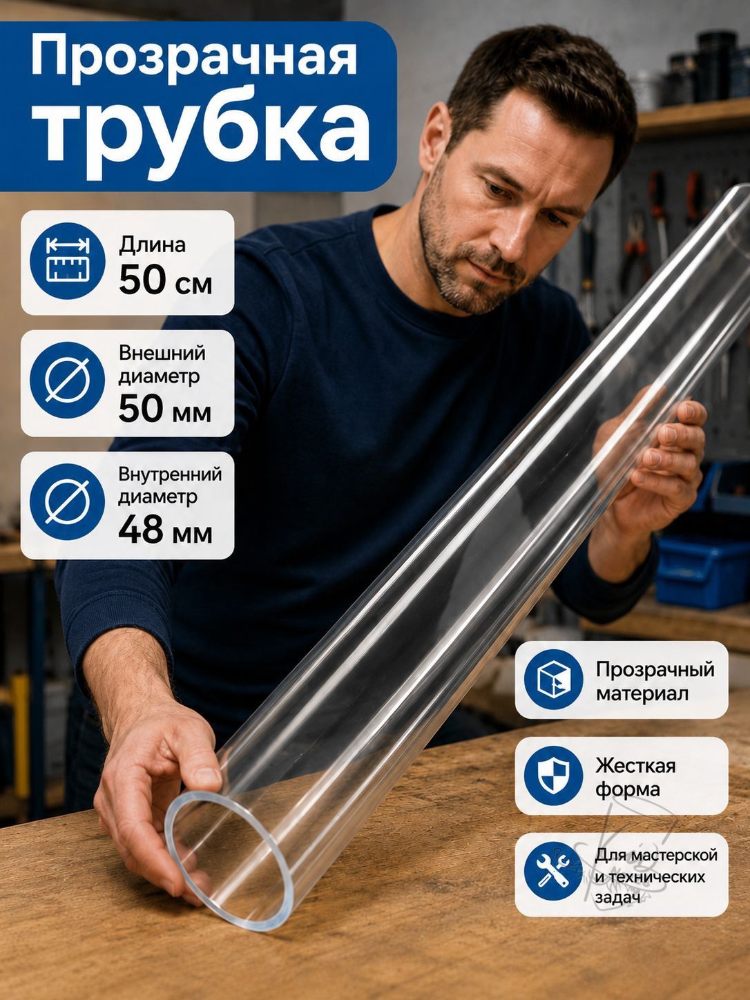 Прозрачная акриловая трубка 50 мм 50 см для аквариума и декора