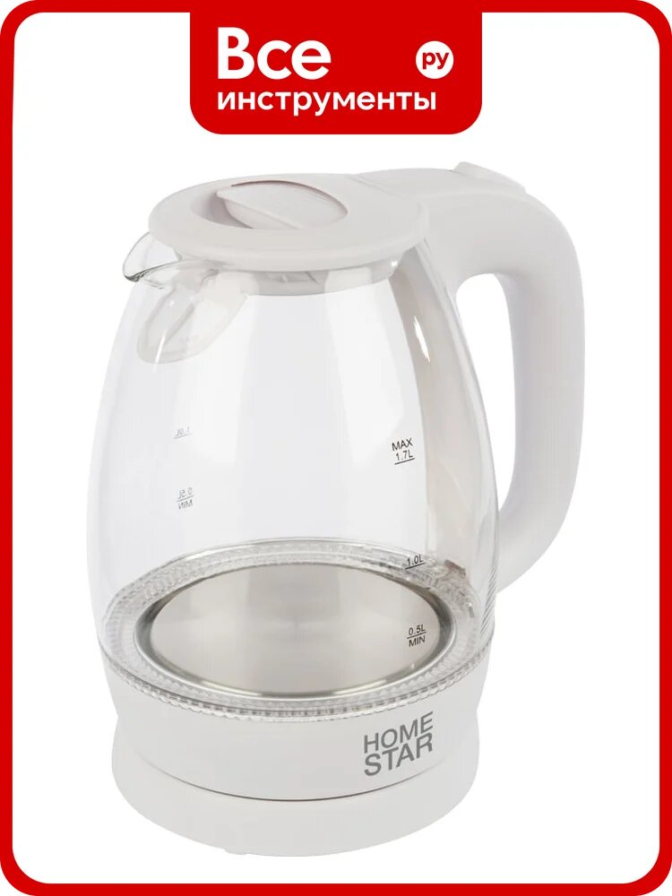 Чайник HomeStar HS-1012 1.7 л, стекло, пластик, белый 003566