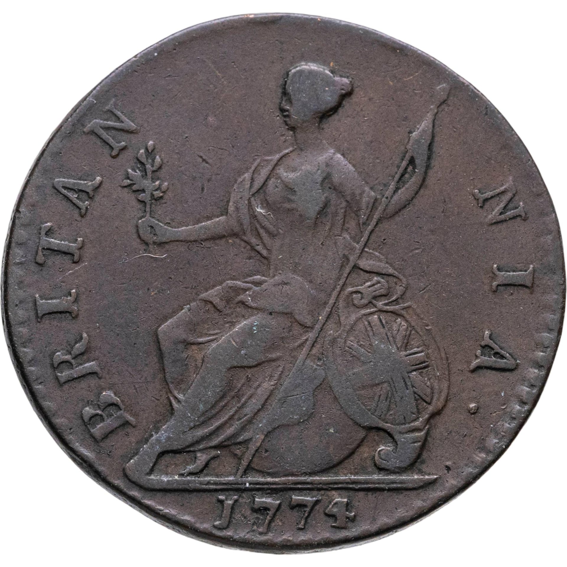 Великобритания 1/2 пенни 1774, Медь, в сохранности VF