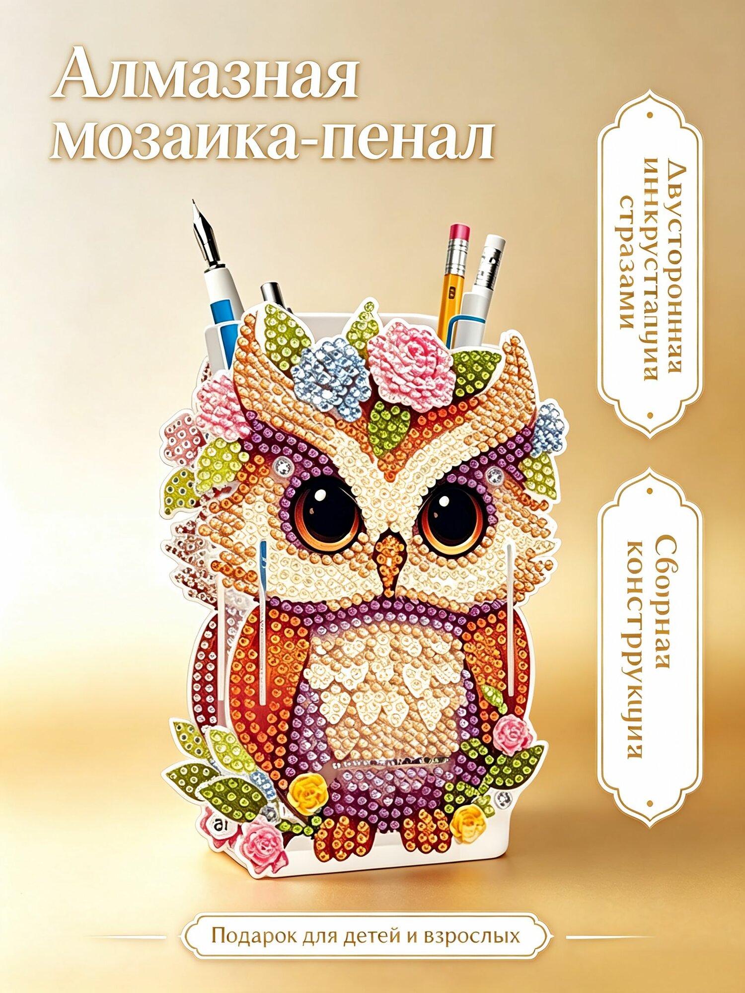 Алмазная мозаика-пенал цветочная сова, двухсторонняя инкрустация стразами, набор DIY для детей и взрослых